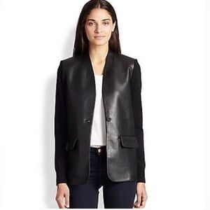 Bailey 44 Black Faux Leather Front Blazer Wool Sleeves